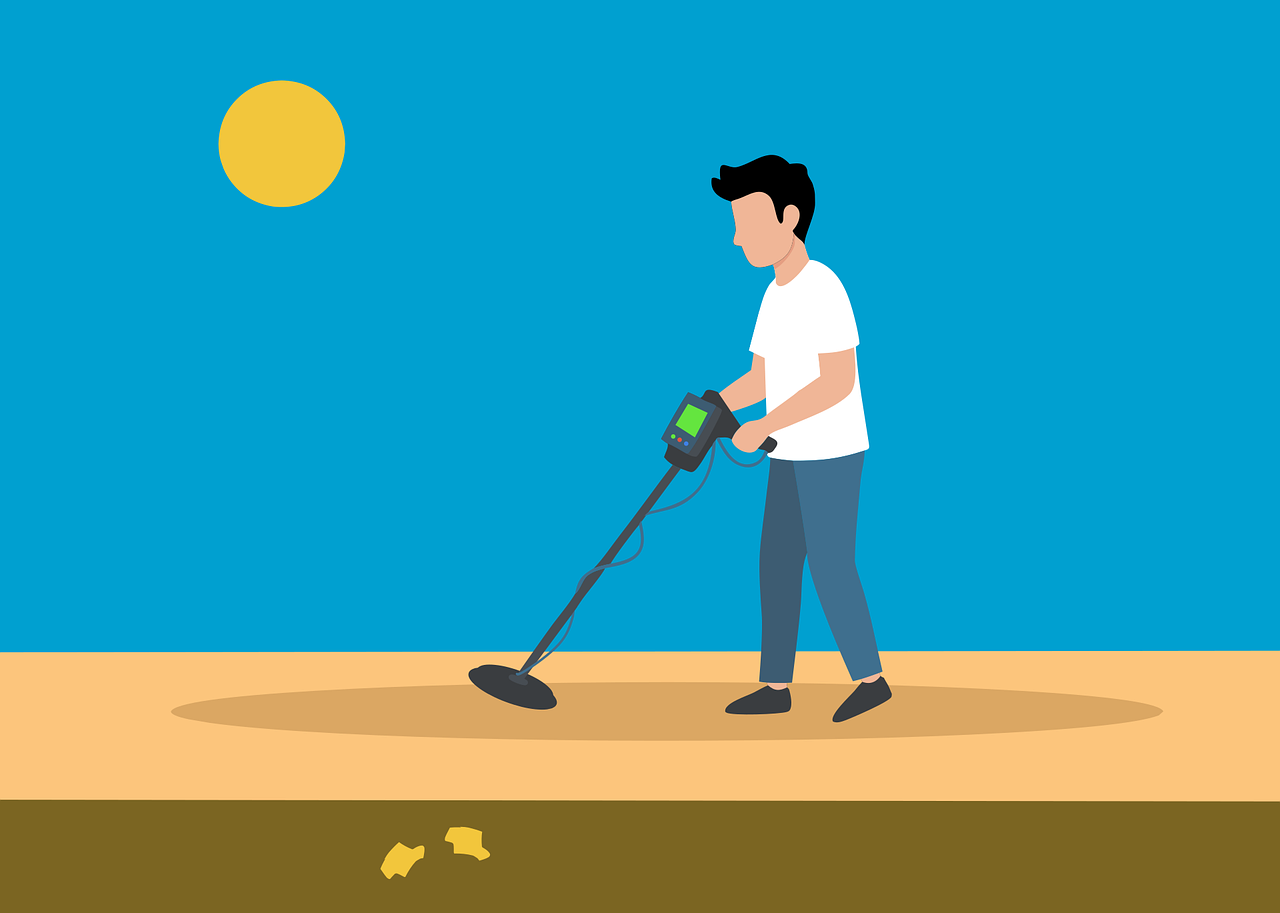 metal detector, treasure hunt, searching, outdoor, technology, gold, equipment, sand, exploration, adventure, scanner, sun, man, discovery, leisure, hobby, cartoon, nature, activity, touchscreen